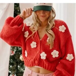 Luna Ivy Cozy Red Floral Knit Cardigan